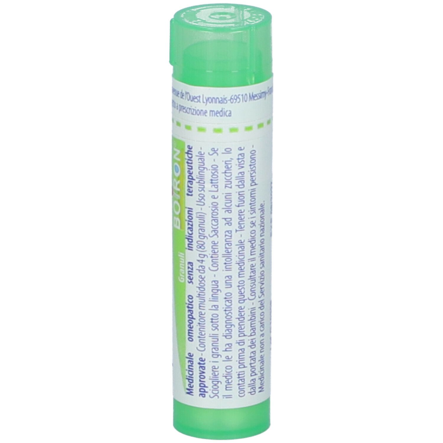 Confezione cilindrica verde con etichetta bianca. Scritto: BOIRON. Testo in italiano.