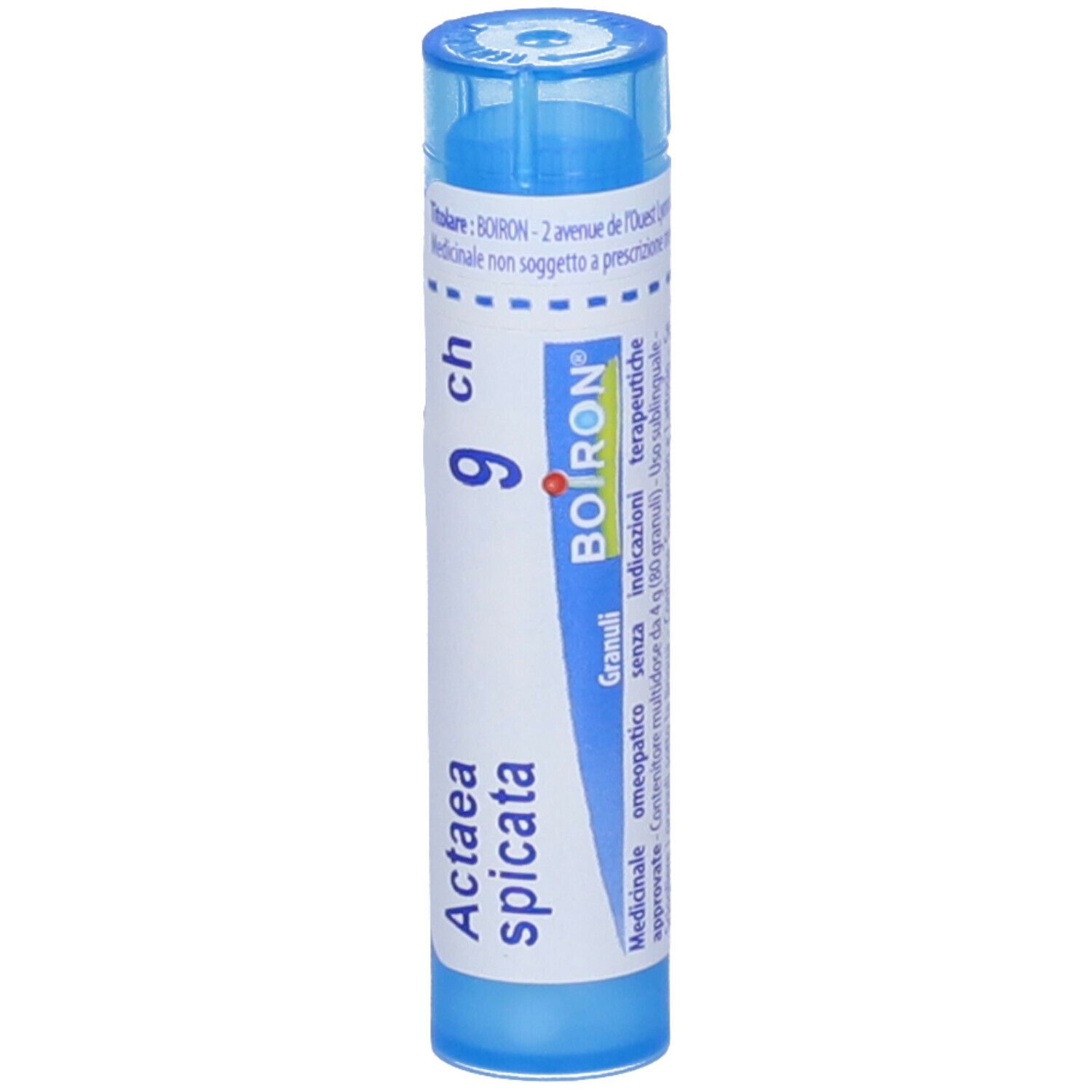 Confezione cilindrica blu con etichetta bianca. Scritta Actaea spicata 9 ch e logo BOIRON.