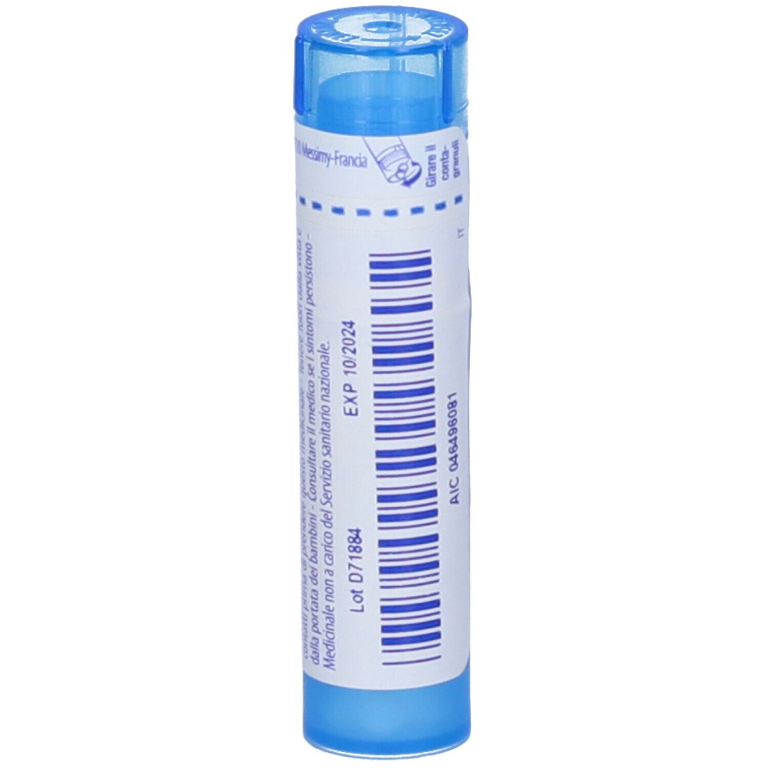 Confezione cilindrica blu con etichetta bianca. Scritta Actaea spicata 9 ch e data di scadenza.
