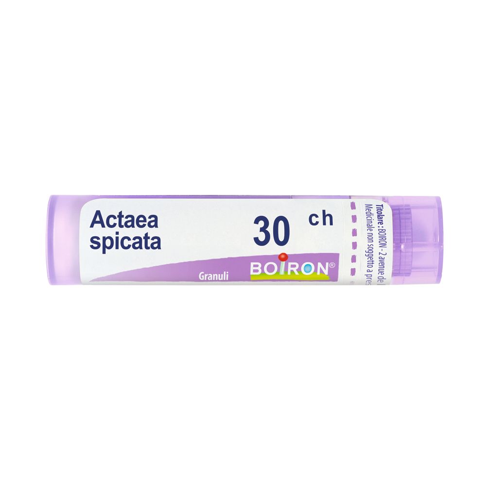 Confezione cilindrica viola con testo bianco. Contiene Actaea spicata 30 ch Granuli di Boiron.