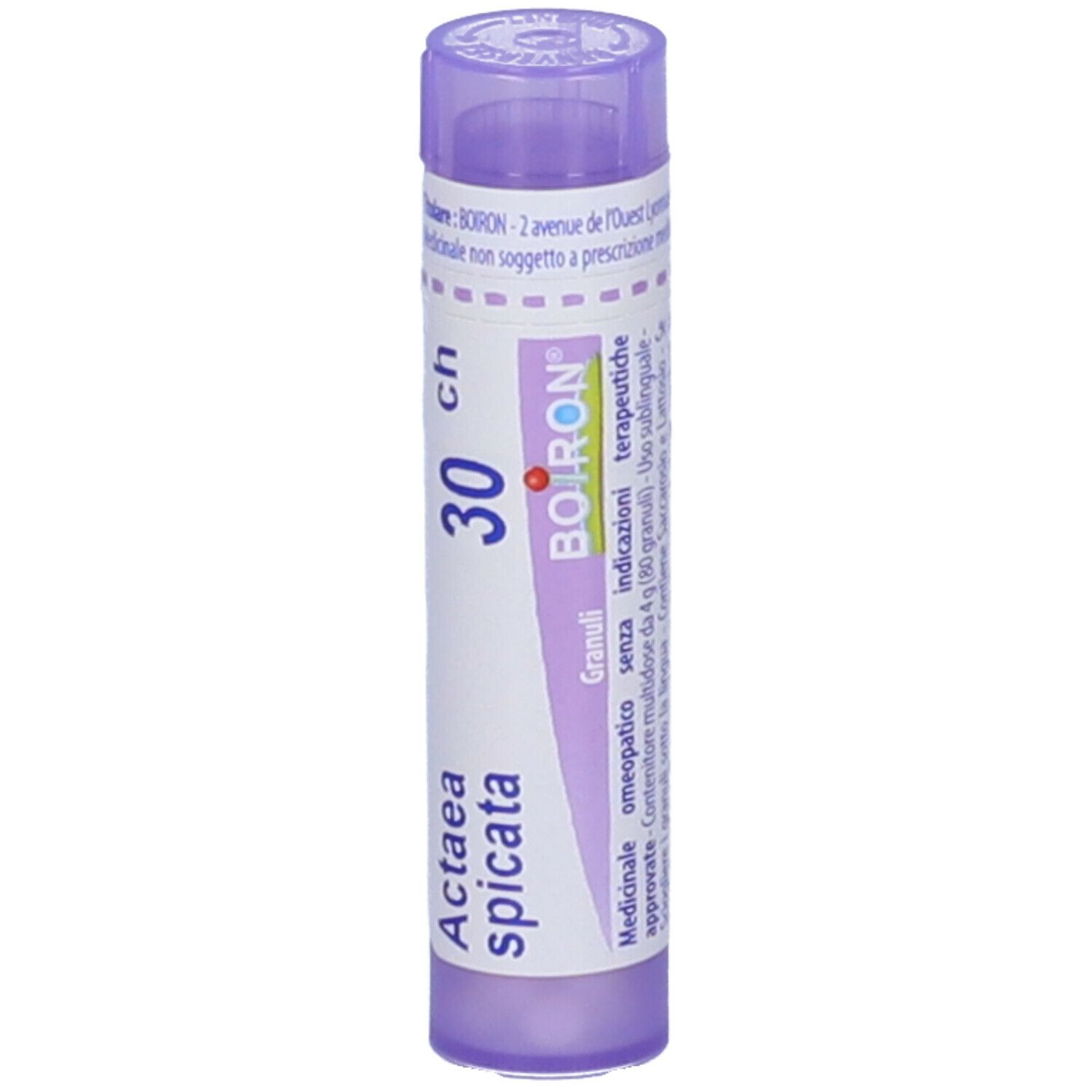 Confezione cilindrica viola con testo bianco. Contiene Actaea spicata 30 ch Granuli di Boiron.