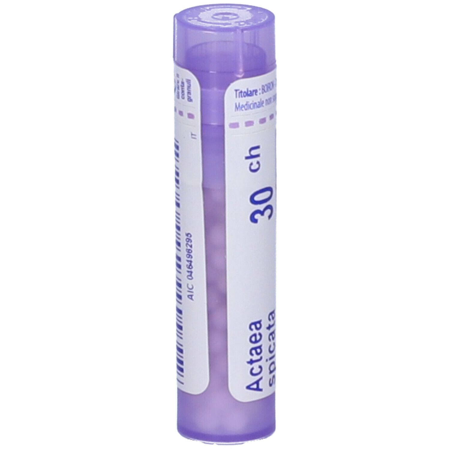 Confezione cilindrica viola con testo bianco. Contiene Actaea spicata 30 ch Granuli di Boiron.