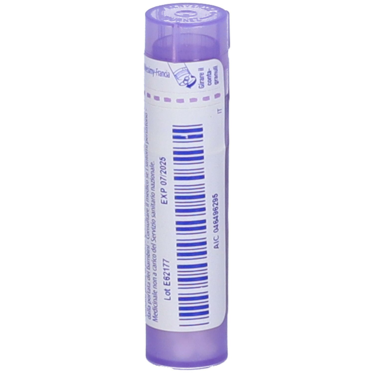Confezione cilindrica viola con testo bianco. Contiene Actaea spicata 30 ch Granuli di Boiron.