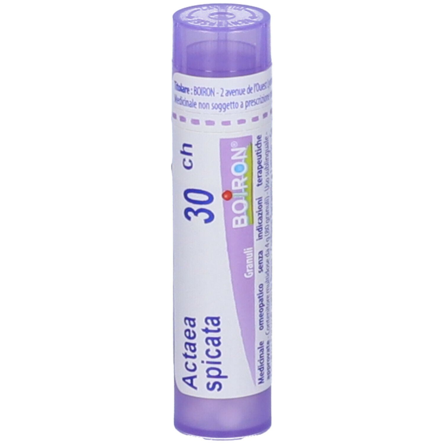 Confezione cilindrica viola con testo bianco. Contiene Actaea spicata 30 ch Granuli di Boiron.