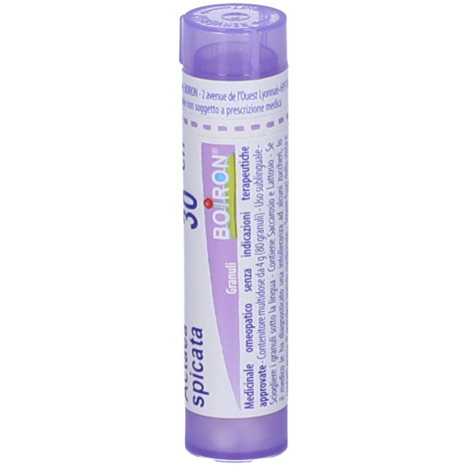 Confezione cilindrica viola con testo bianco. Contiene Actaea spicata 30 ch Granuli di Boiron.