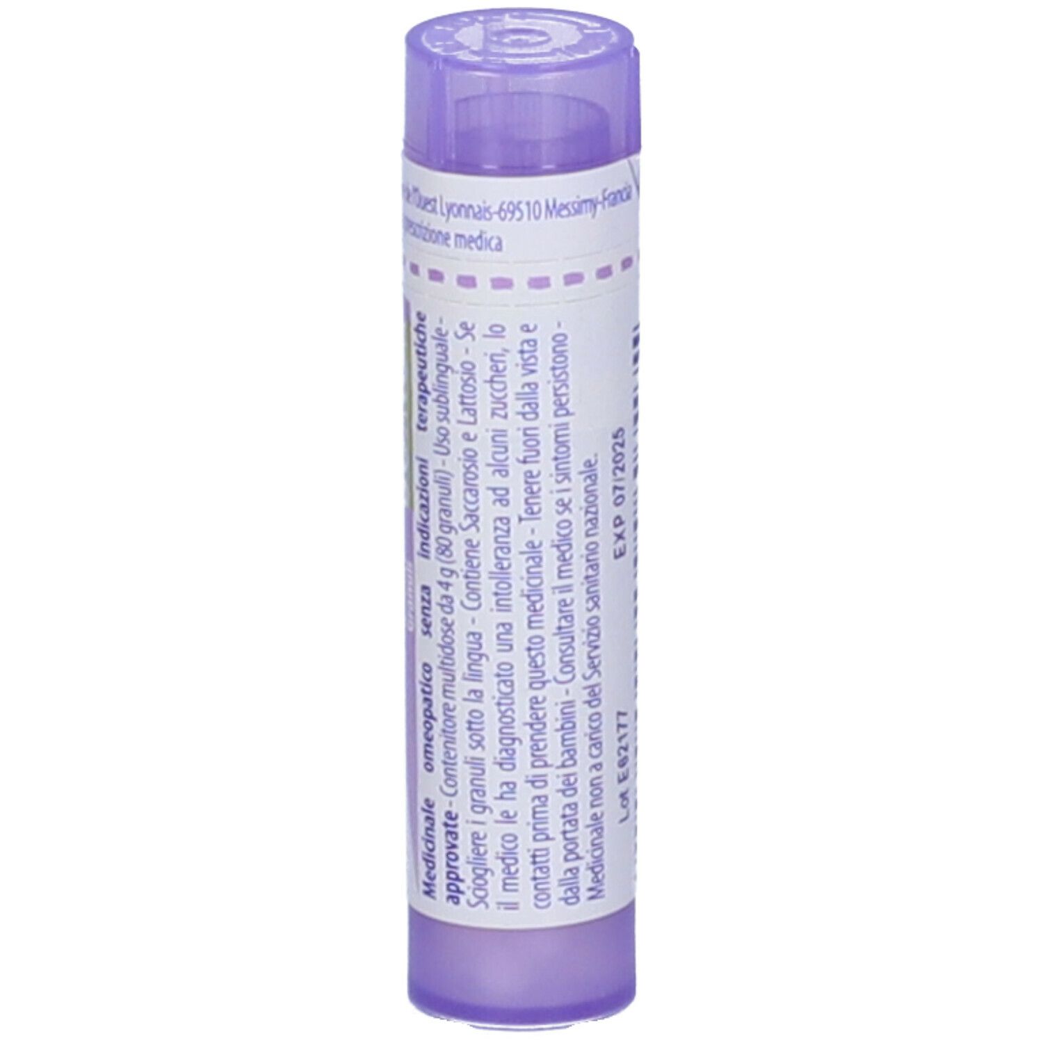 Confezione cilindrica viola con testo bianco. Contiene Actaea spicata 30 ch Granuli di Boiron.