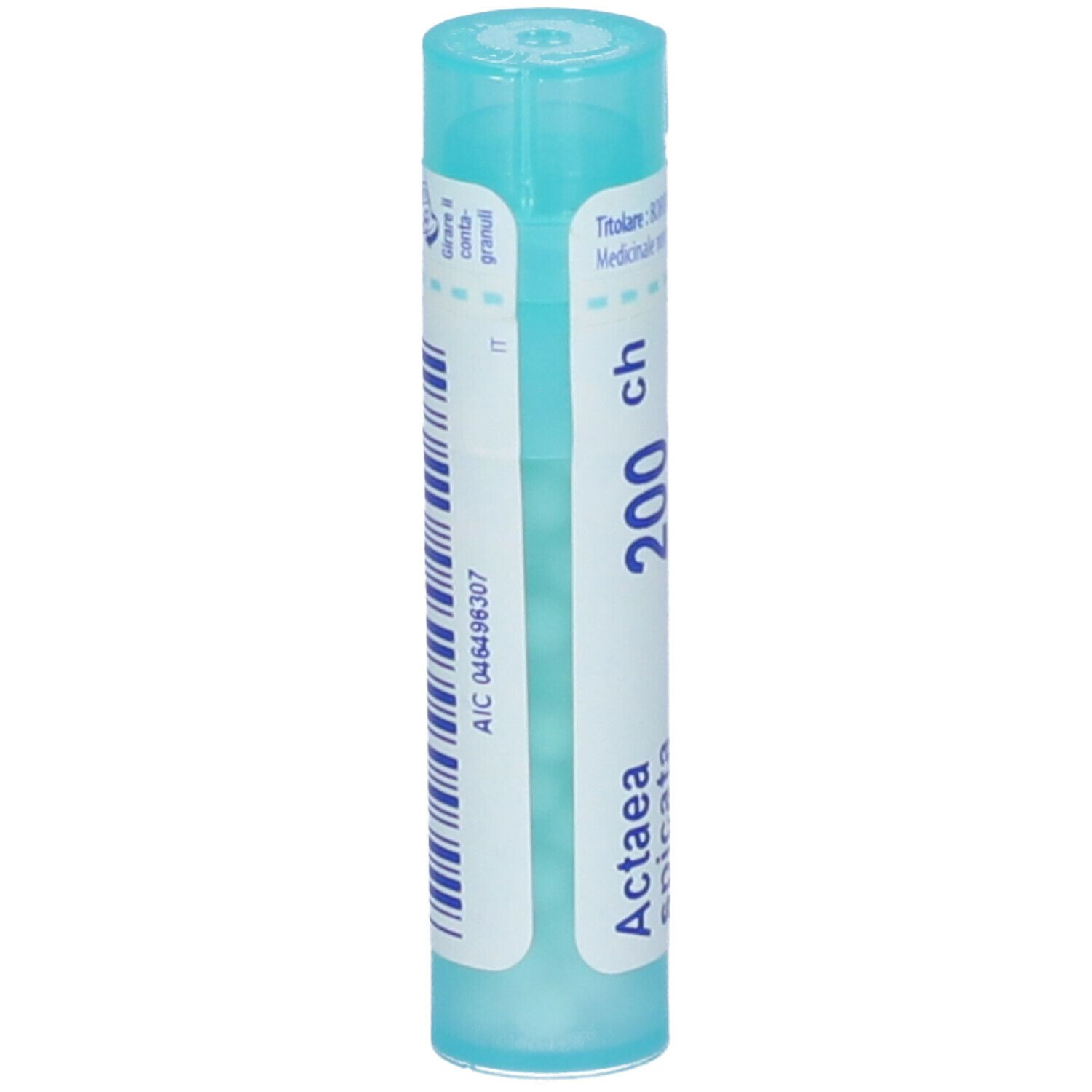 Tubo azzurro con testo bianco e codice a barre. Contiene Actaea spicata 200 ch Granuli.