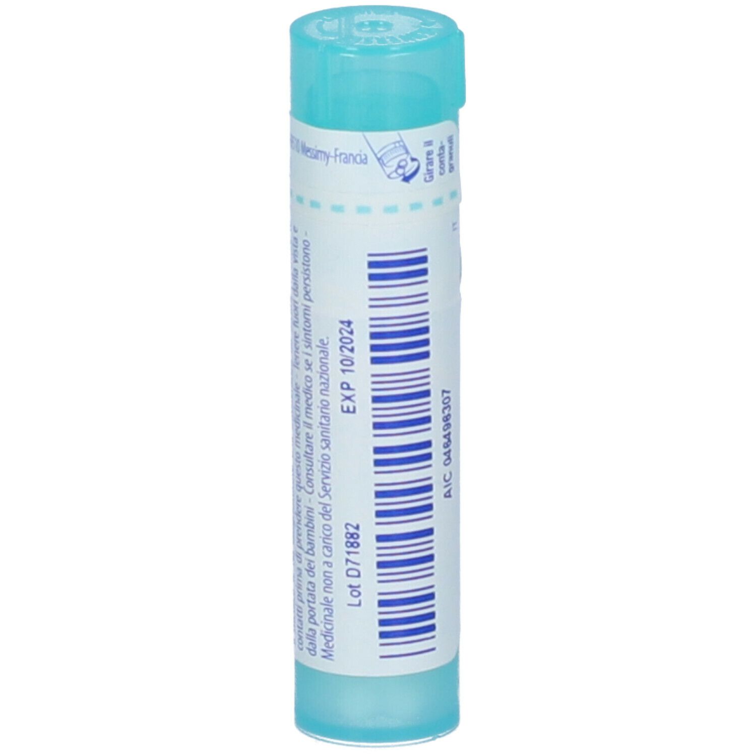 Tubo azzurro con testo bianco e codice a barre. Contiene Actaea spicata 200 ch Granuli. Scad. 10/2024.