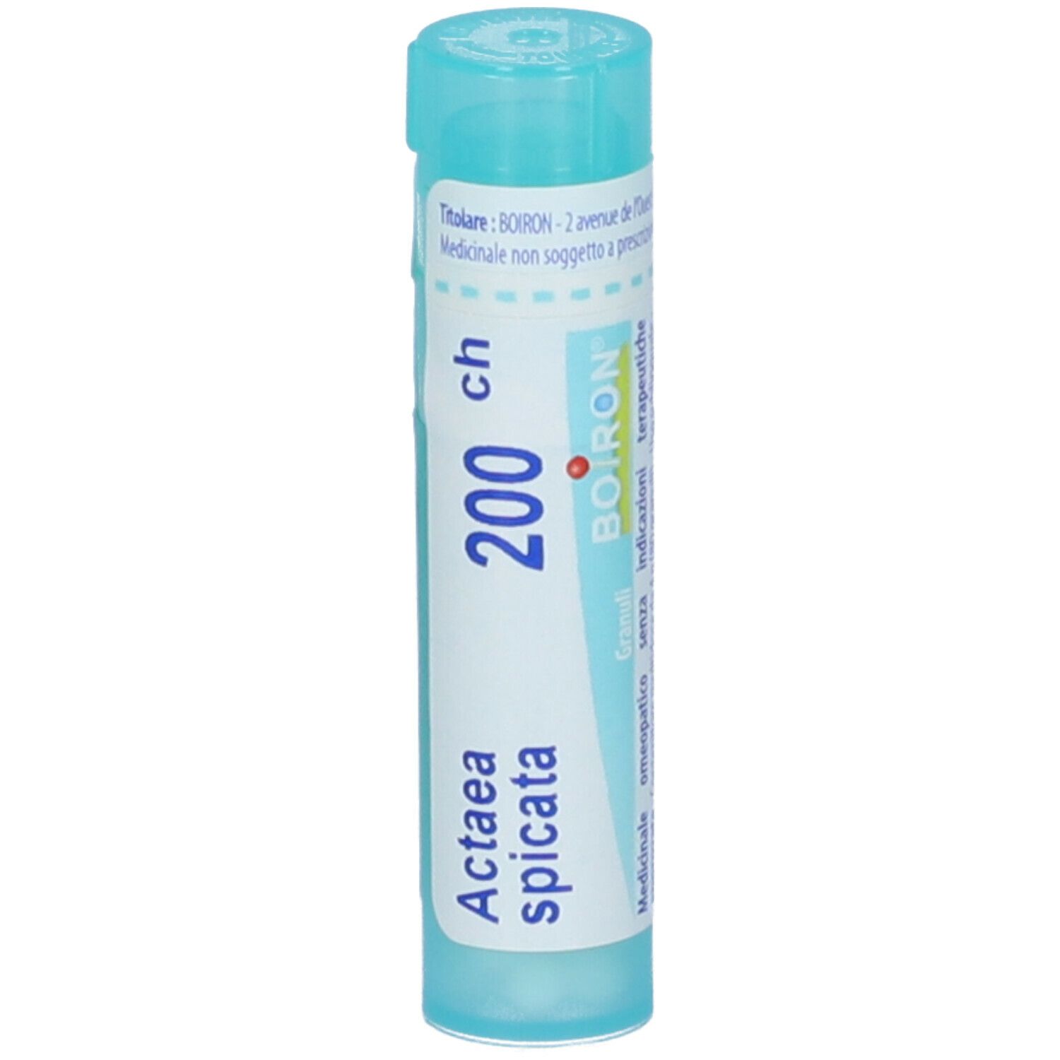 Tubo azzurro con testo bianco. Contiene Actaea spicata 200 ch Granuli. Marchio Boiron.