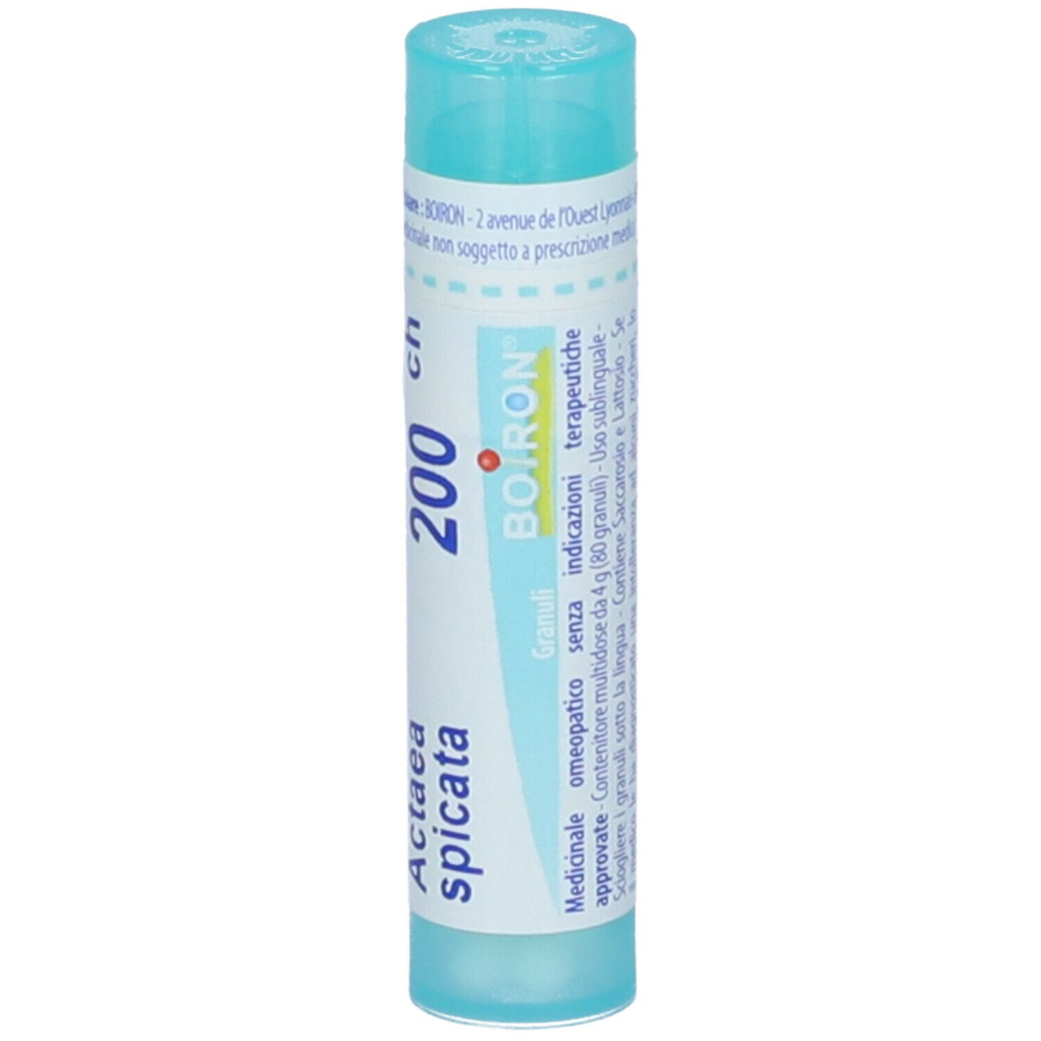 Tubo azzurro con testo bianco. Contiene Actaea spicata 200 ch Granuli. Marchio Boiron.