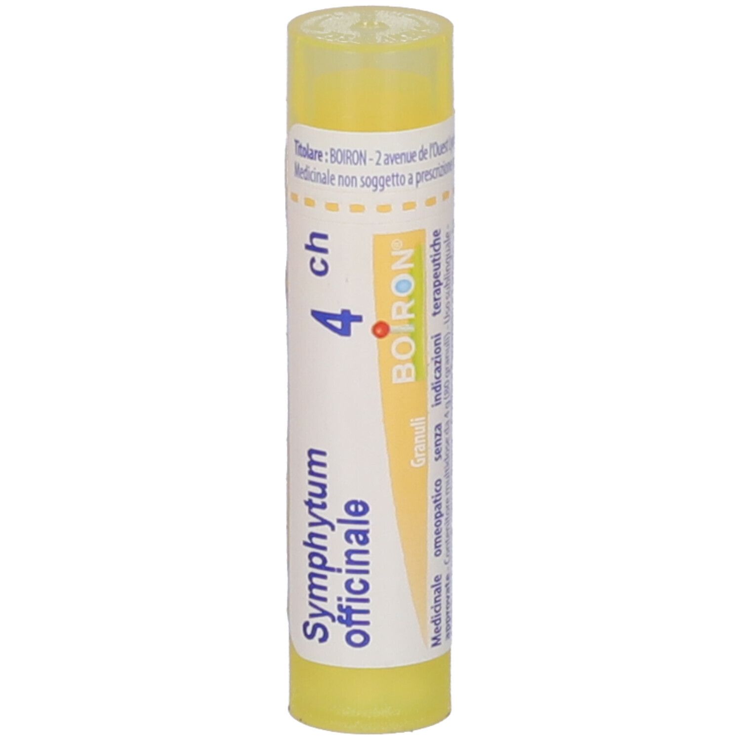 Tubo giallo con etichetta bianca. Scritta: Symphytum officinale 4 ch, Granuli, BOIRON. Vista verticale.