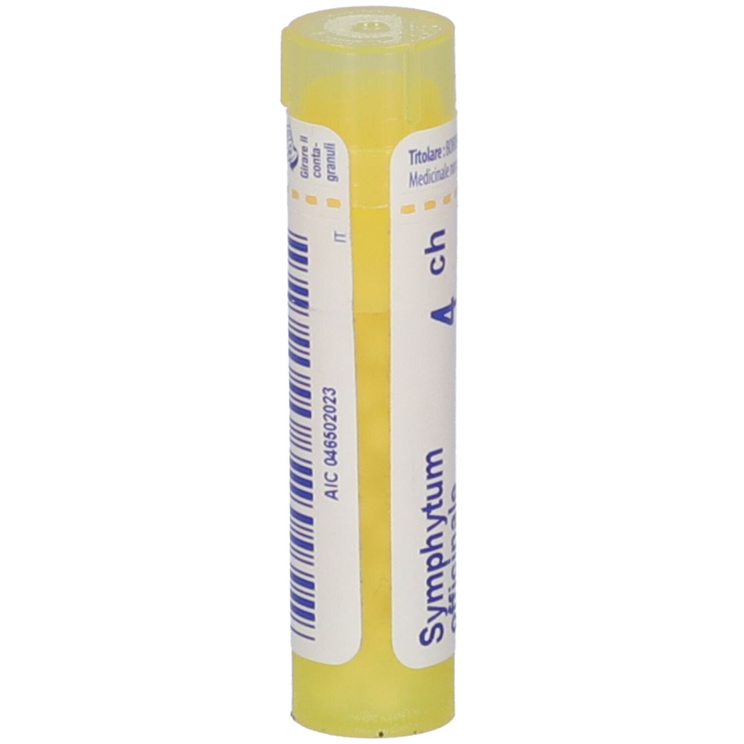 Tubo giallo con etichetta bianca. Scritta: Symphytum officinale 4 ch. Codice a barre e numero di lotto.