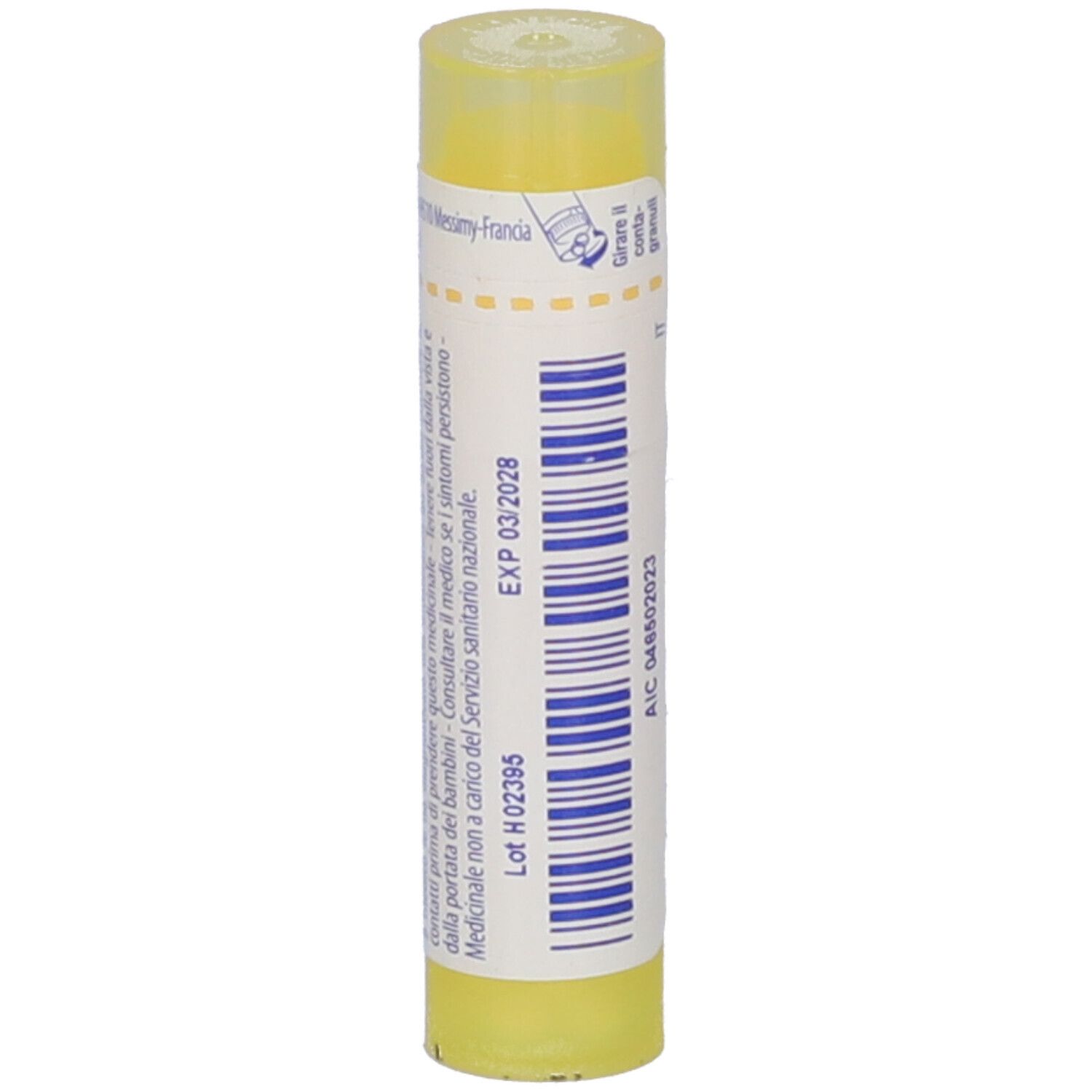 Tubo giallo con etichetta bianca. Scritta: Symphytum officinale 4 ch. Scadenza: 03/2028.
