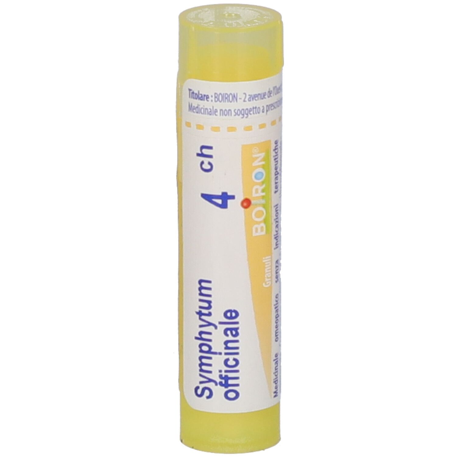 Tubo giallo con etichetta bianca. Scritta: Symphytum officinale 4 ch, Granuli, BOIRON. Vista verticale.