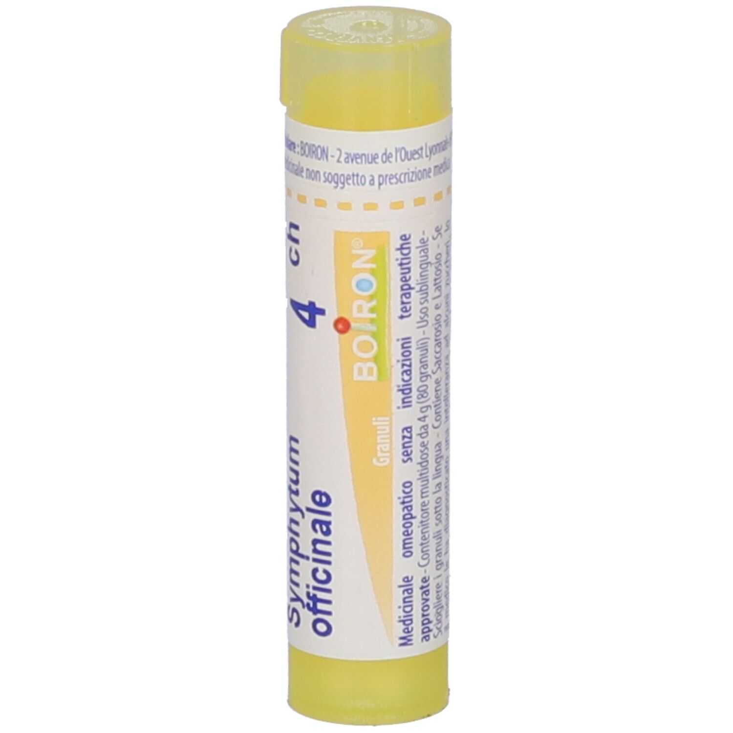 Tubo giallo con etichetta bianca. Scritta: Symphytum officinale 4 ch, Granuli, BOIRON. Vista dettagliata.