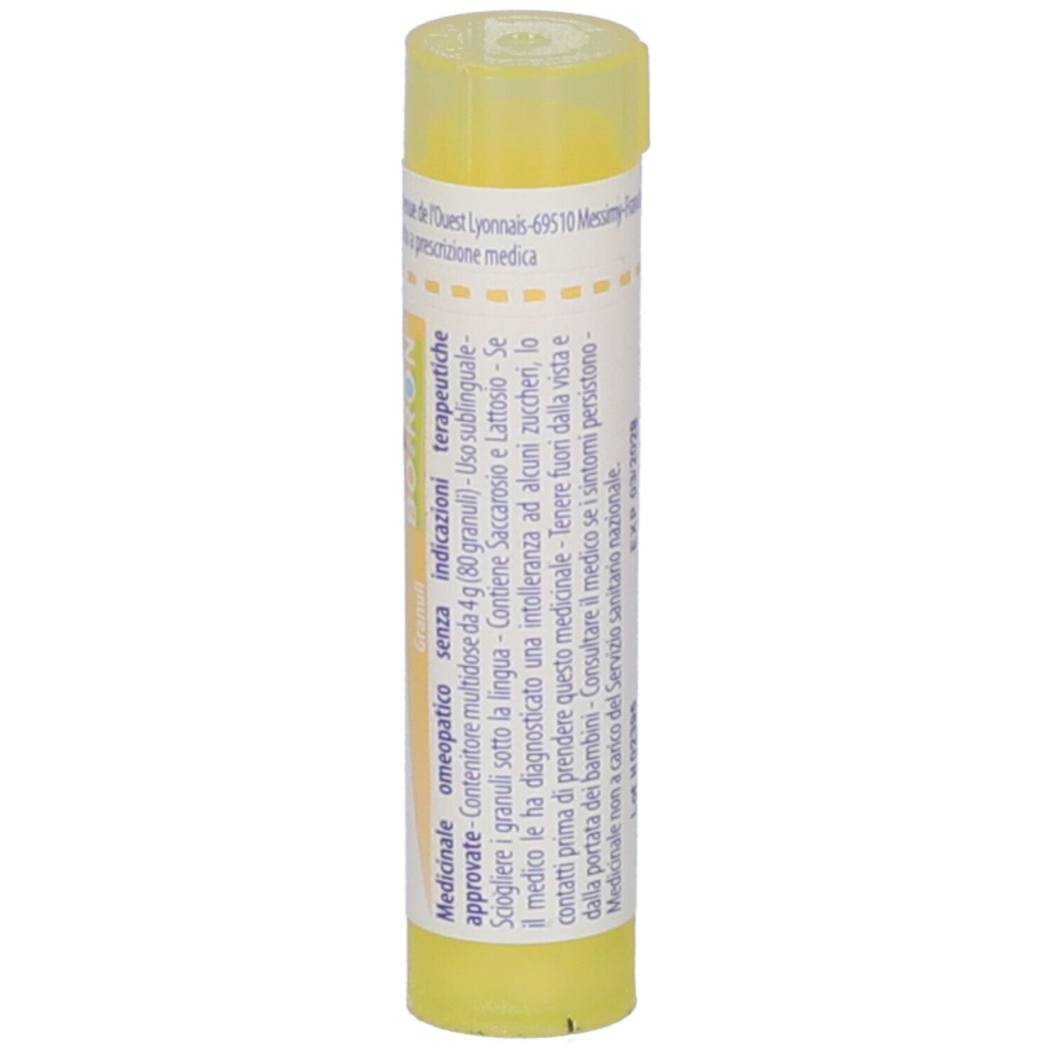 Tubo giallo con etichetta bianca. Scritta: Symphytum officinale 4 ch, Granuli, BOIRON. Dettagli del testo.