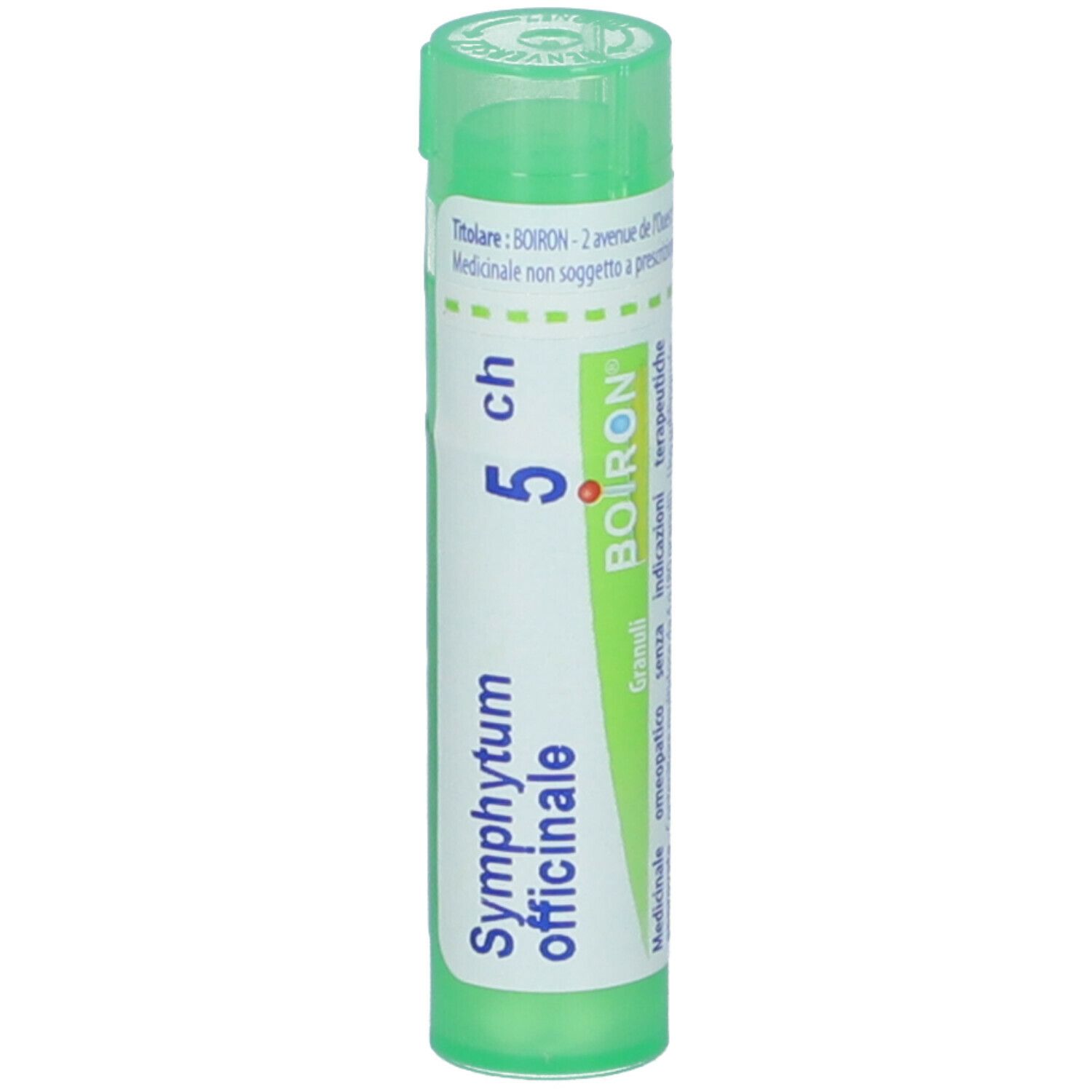 Tubo verde con testo bianco. Scritta: Symphytum officinale 5 ch, BOIRON. Tappo verde.