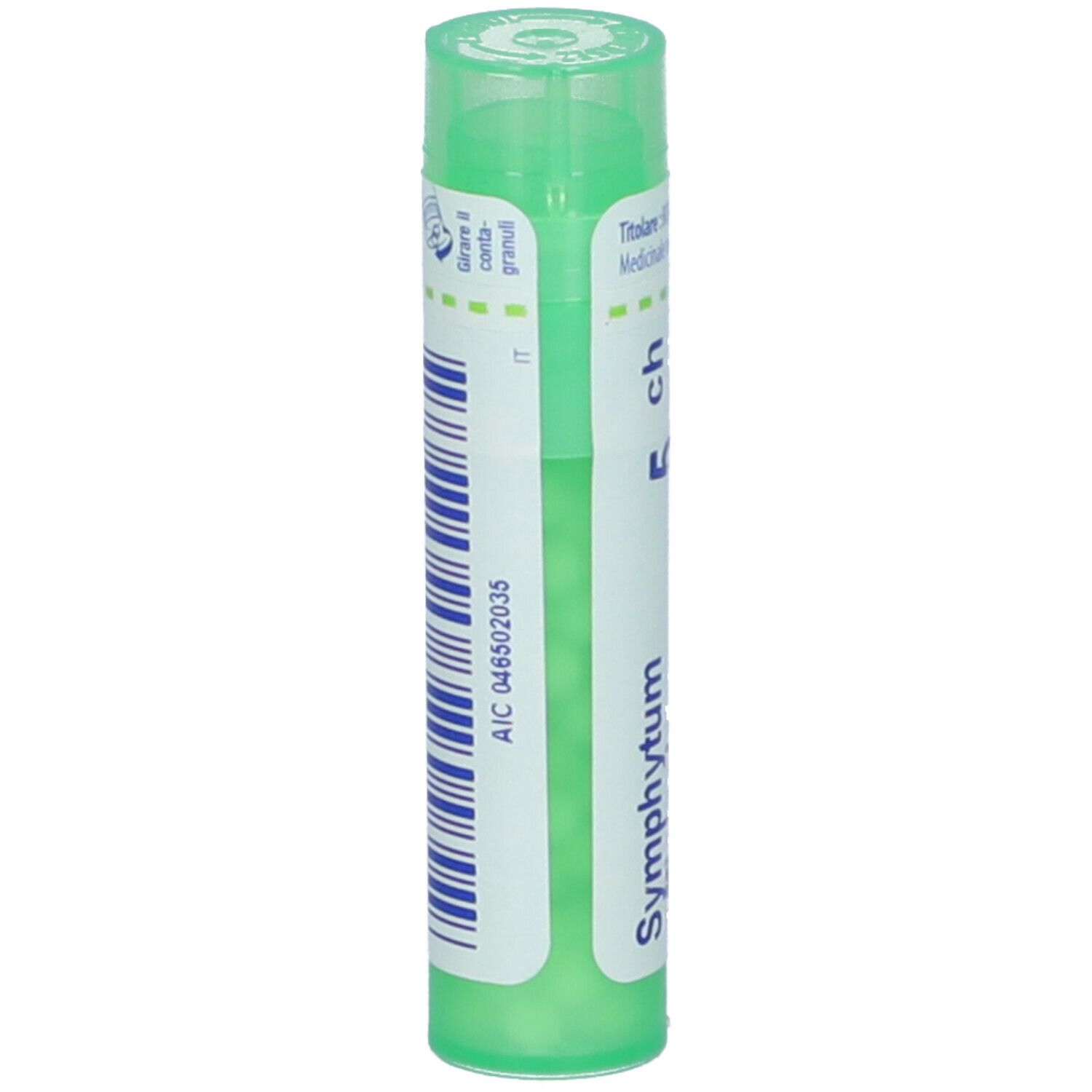 Tubo verde con testo bianco e strisce blu. Scritta: Symphytum officinale 5 ch. Contiene granuli.