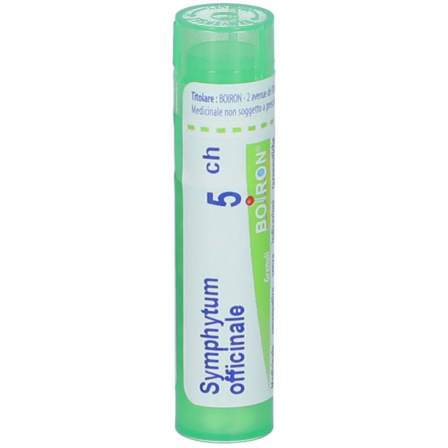 Tubo verde con testo bianco. Scritta: Symphytum officinale 5 ch, BOIRON. Tappo verde.