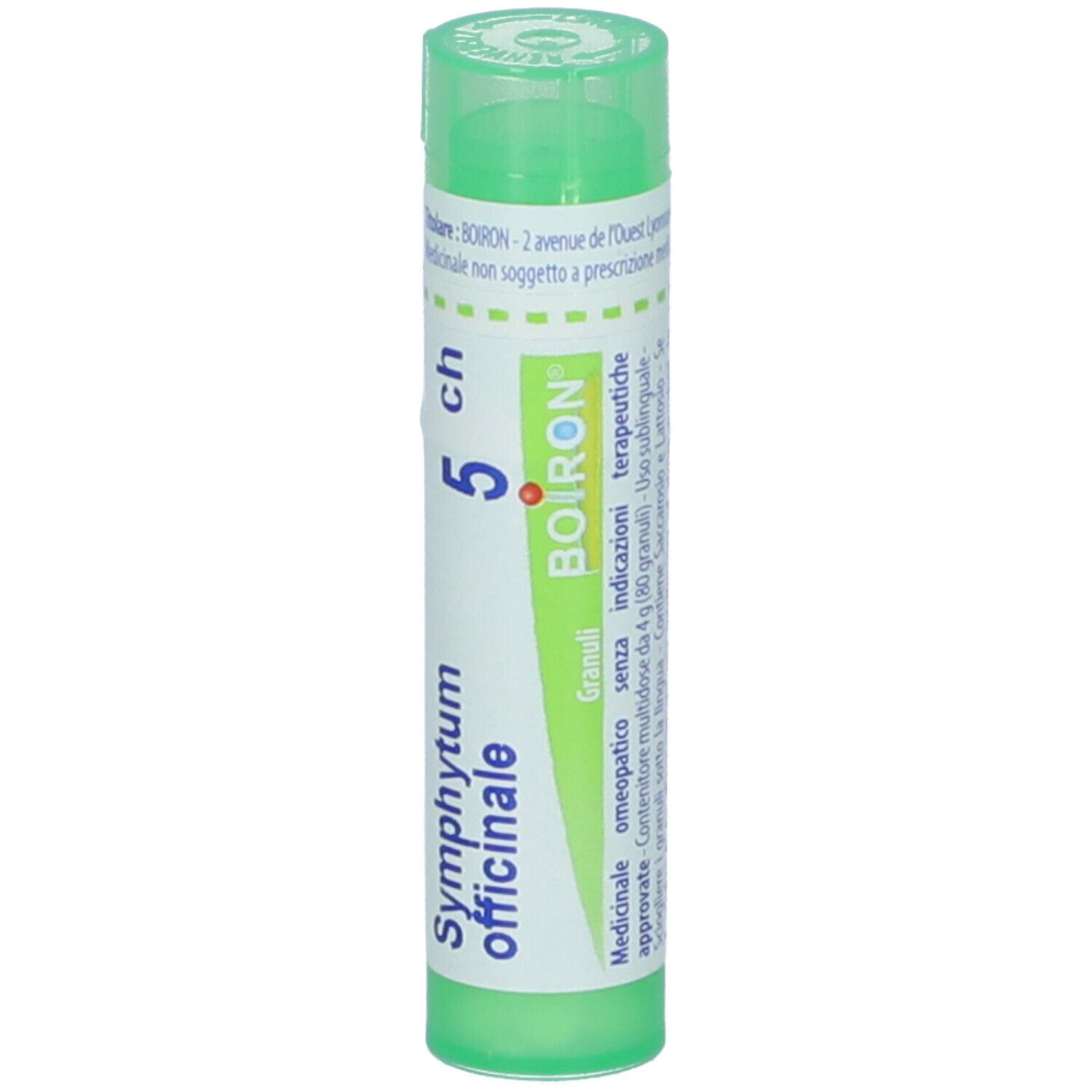 Tubo verde con testo bianco. Scritta: Symphytum officinale 5 ch, BOIRON. Contiene granuli.
