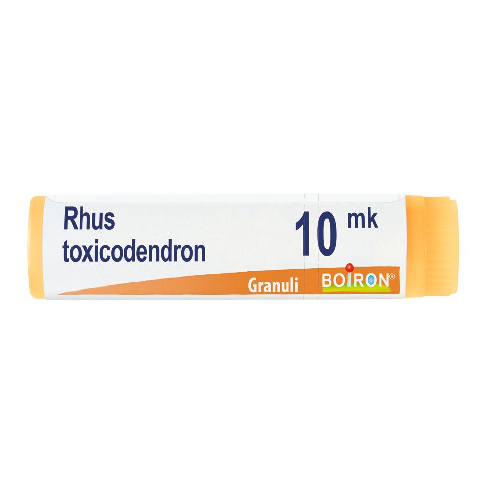 Confezione cilindrica con scritta Rhus toxicodendron 10 mk, Granuli, Boiron. Tappo arancione.