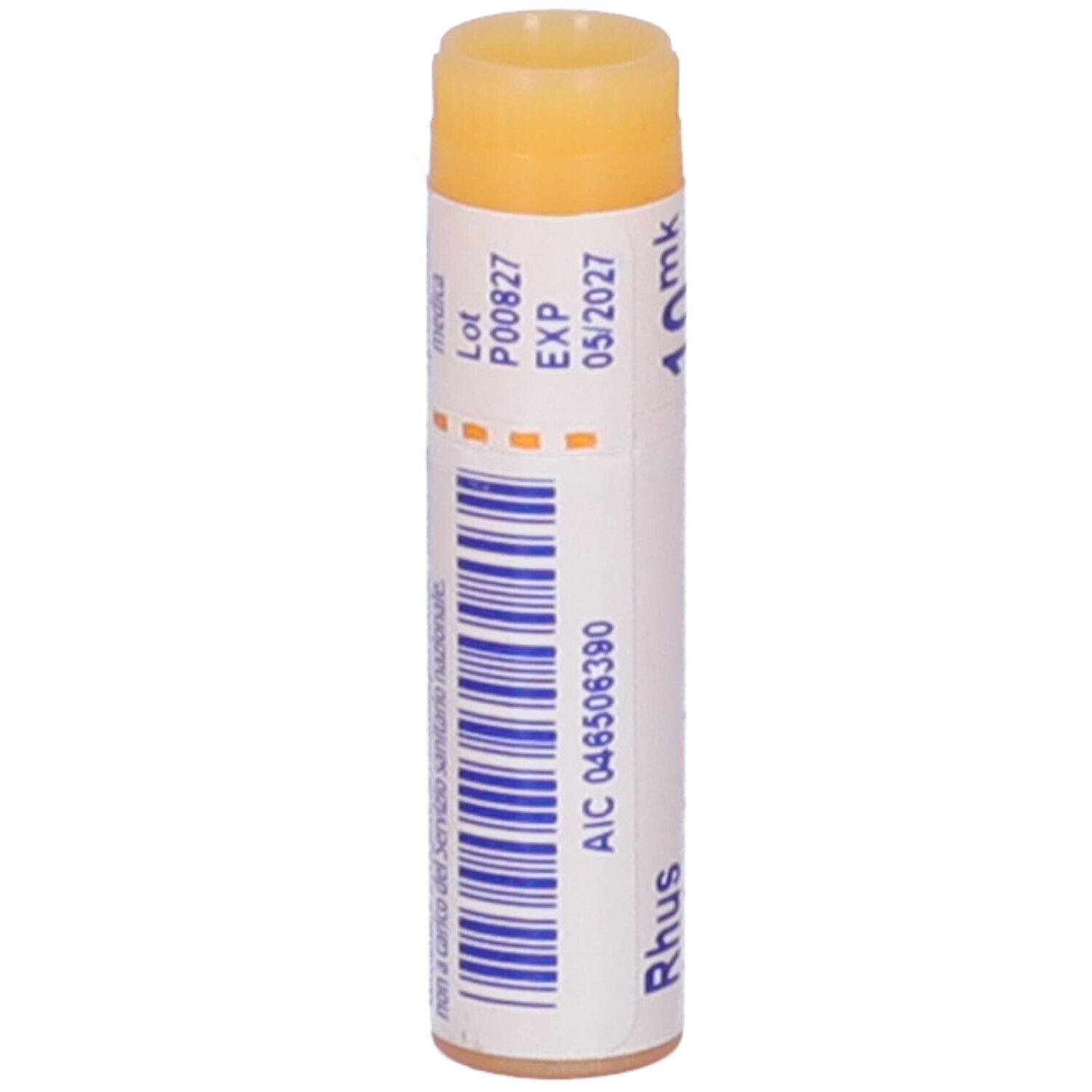 Confezione cilindrica con scritta Rhus, 10 mk, EXP 05/2027. Tappo arancione. Strisce blu.