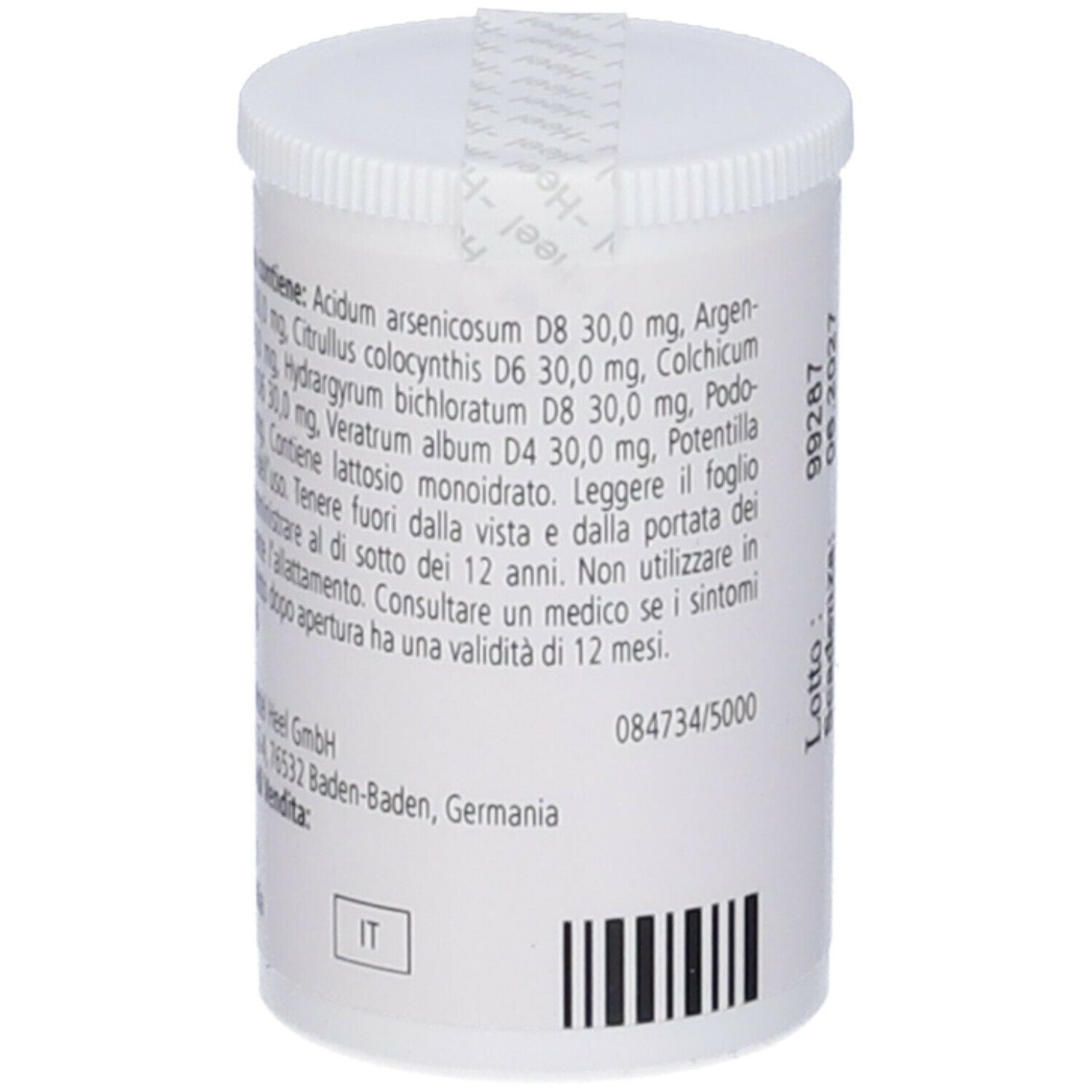 Flacone bianco con testo. Sigillo sul coperchio. Codice a barre e numero di lotto.