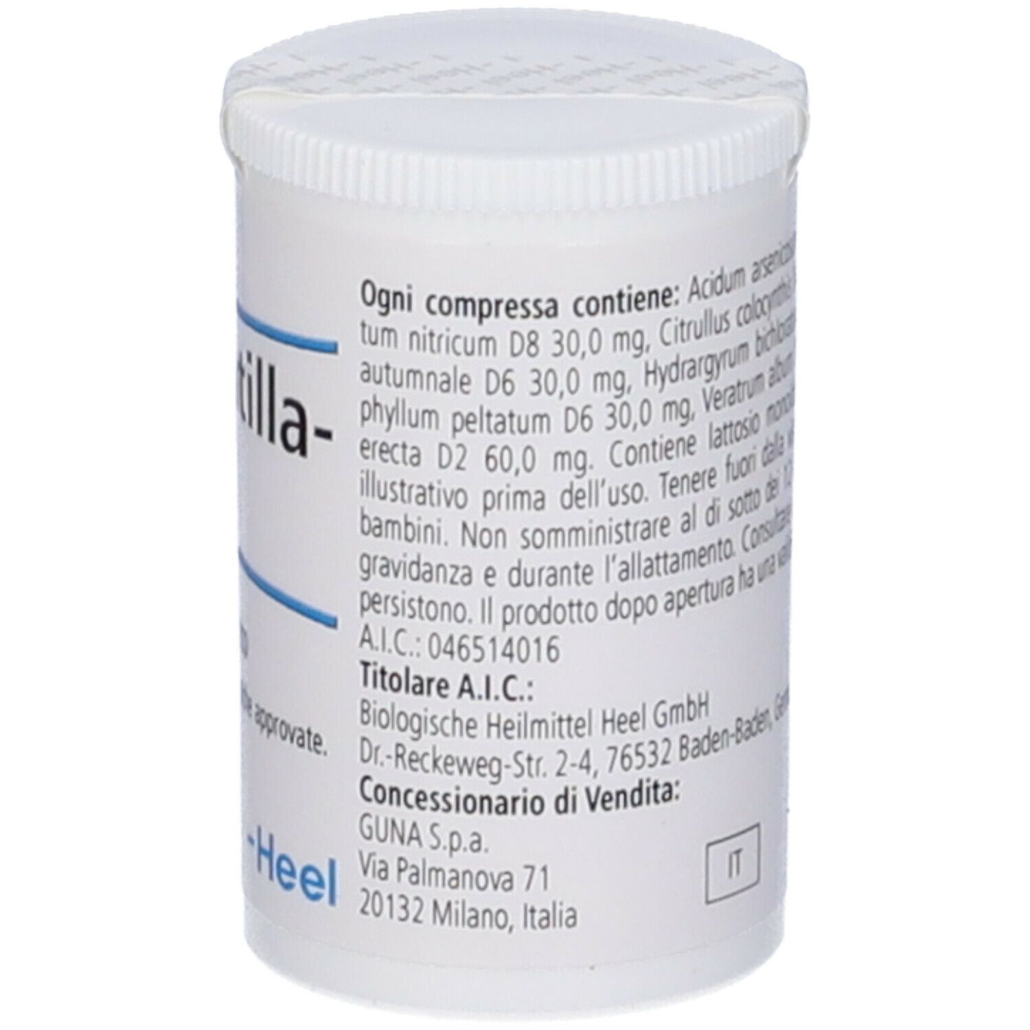 Flacone bianco con testo. Sigillo sul coperchio. Codice a barre e numero di lotto.