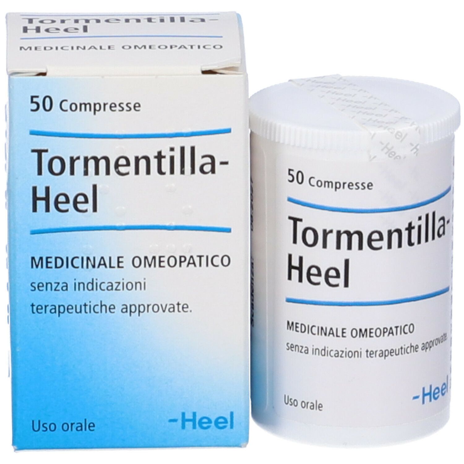 Flacone e scatola di compresse. Entrambi con testo. Sigillo sul coperchio del flacone.
