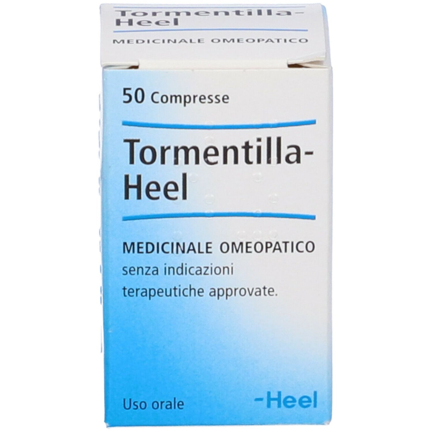 Scatola di compresse con testo. Scritto: 50 compresse. Marchio Heel.