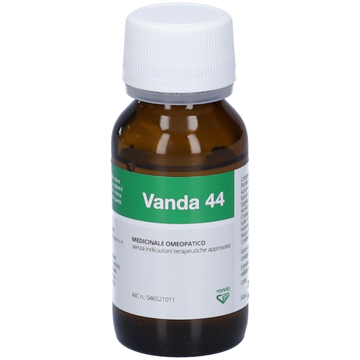 Flacone di vetro marrone con tappo bianco. Scritta: Vanda 44. Etichetta verde con informazioni sul prodotto.