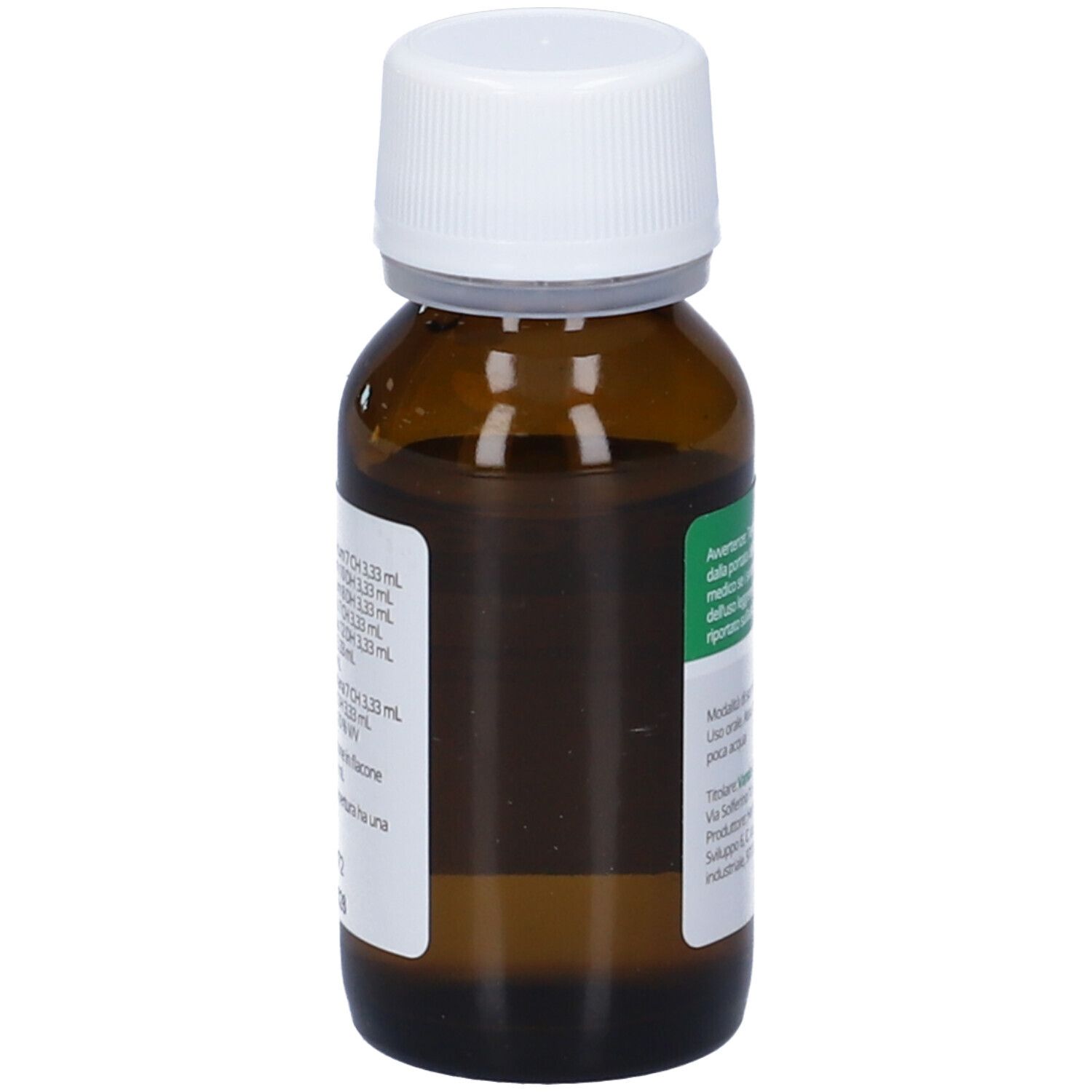 Flacone di vetro marrone con tappo bianco. Etichetta verde con testo. Scritta: Vanda 44. Informazioni del produttore.