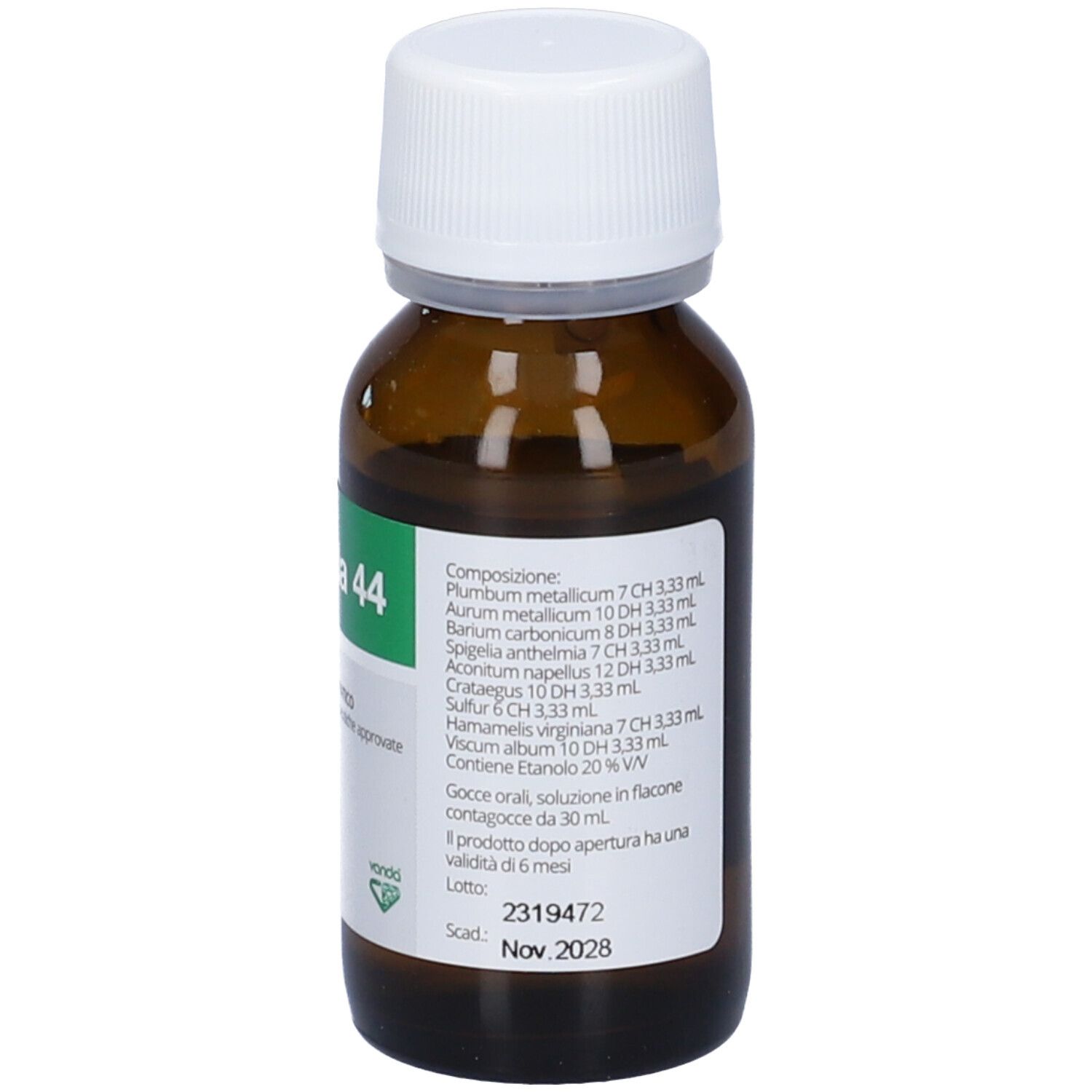 Flacone di vetro marrone con tappo bianco. Etichetta verde con ingredienti e dosaggio. Scritta: Vanda 44.