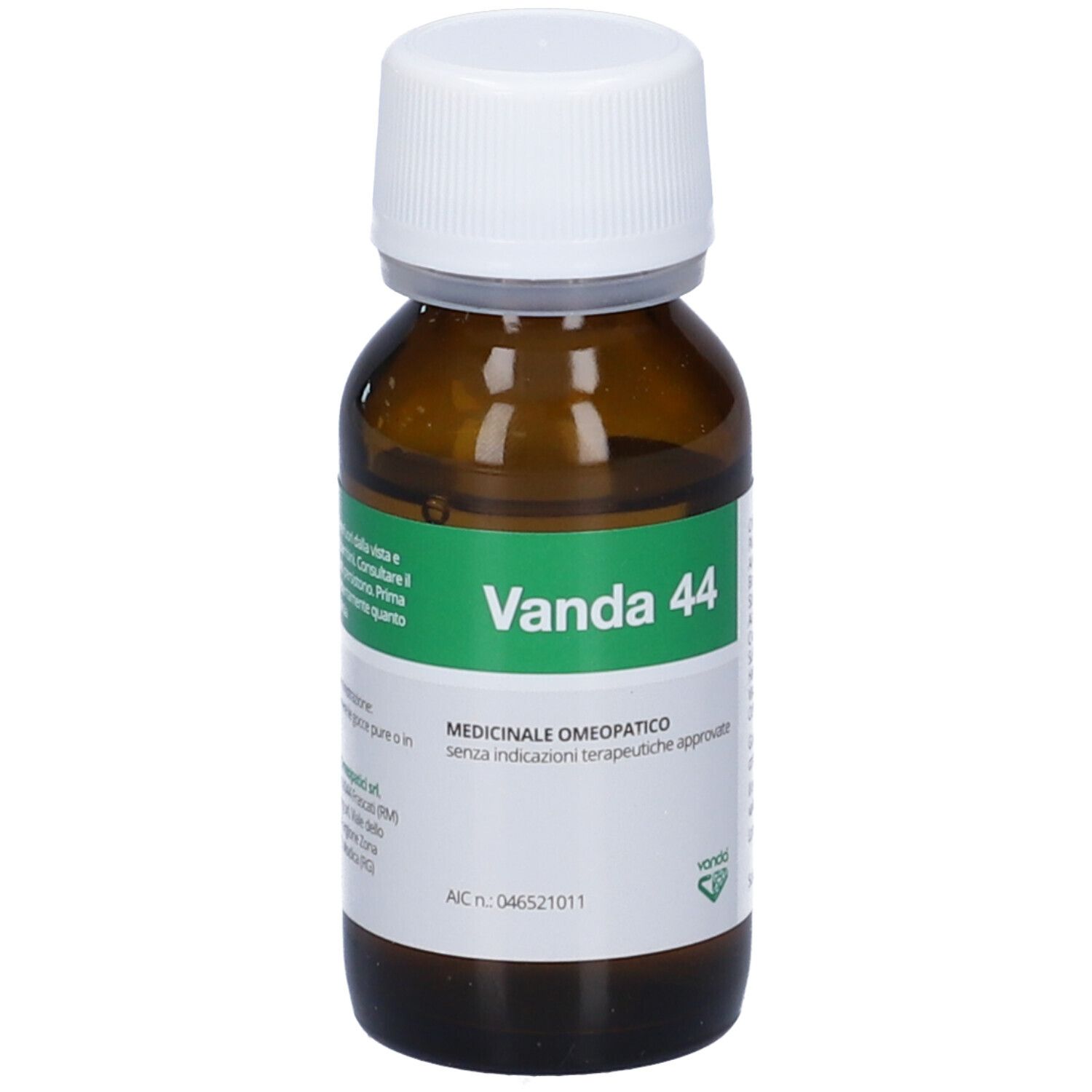 Flacone di vetro marrone con tappo bianco. Etichetta verde con informazioni sul prodotto. Scritta: Vanda 44.