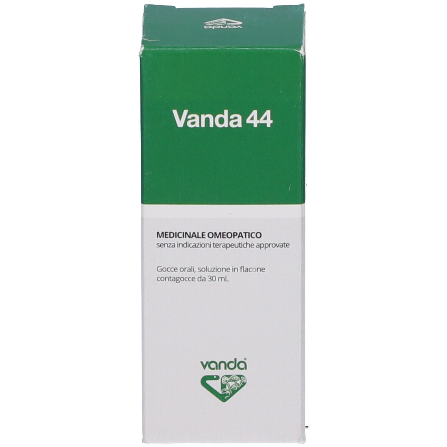 Confezione verde con scritta bianca: Vanda 44. Informazioni sul prodotto e logo. Flacone contagocce illustrato.