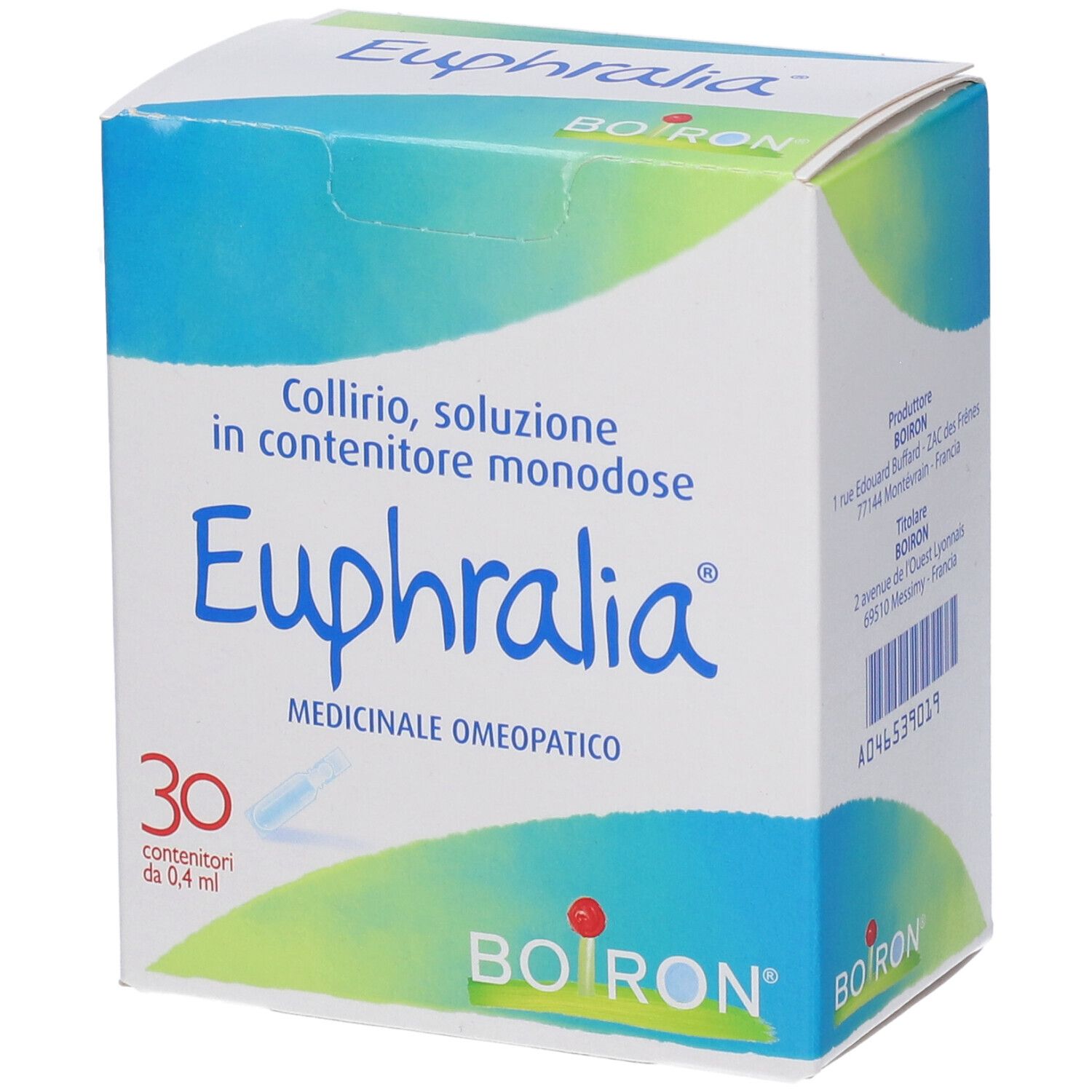 Scatola BOIRON® Euphralia® Collirio con 30 monodose. Bianco, blu e verde. Testo: Euphralia, BOIRON.