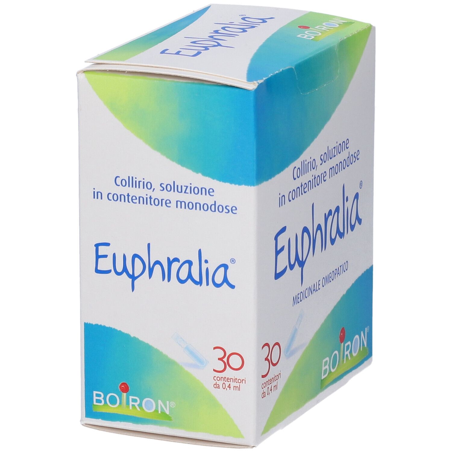 Scatola BOIRON® Euphralia® Collirio con 30 monodose. Due scatole affiancate. Testo: Euphralia, BOIRON.