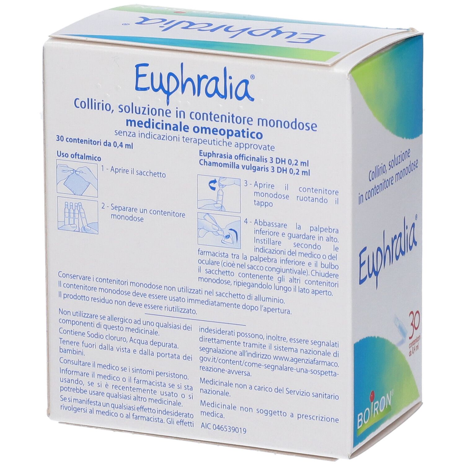 Retro della scatola BOIRON® Euphralia® Collirio. Testo e istruzioni. Marchio BOIRON.