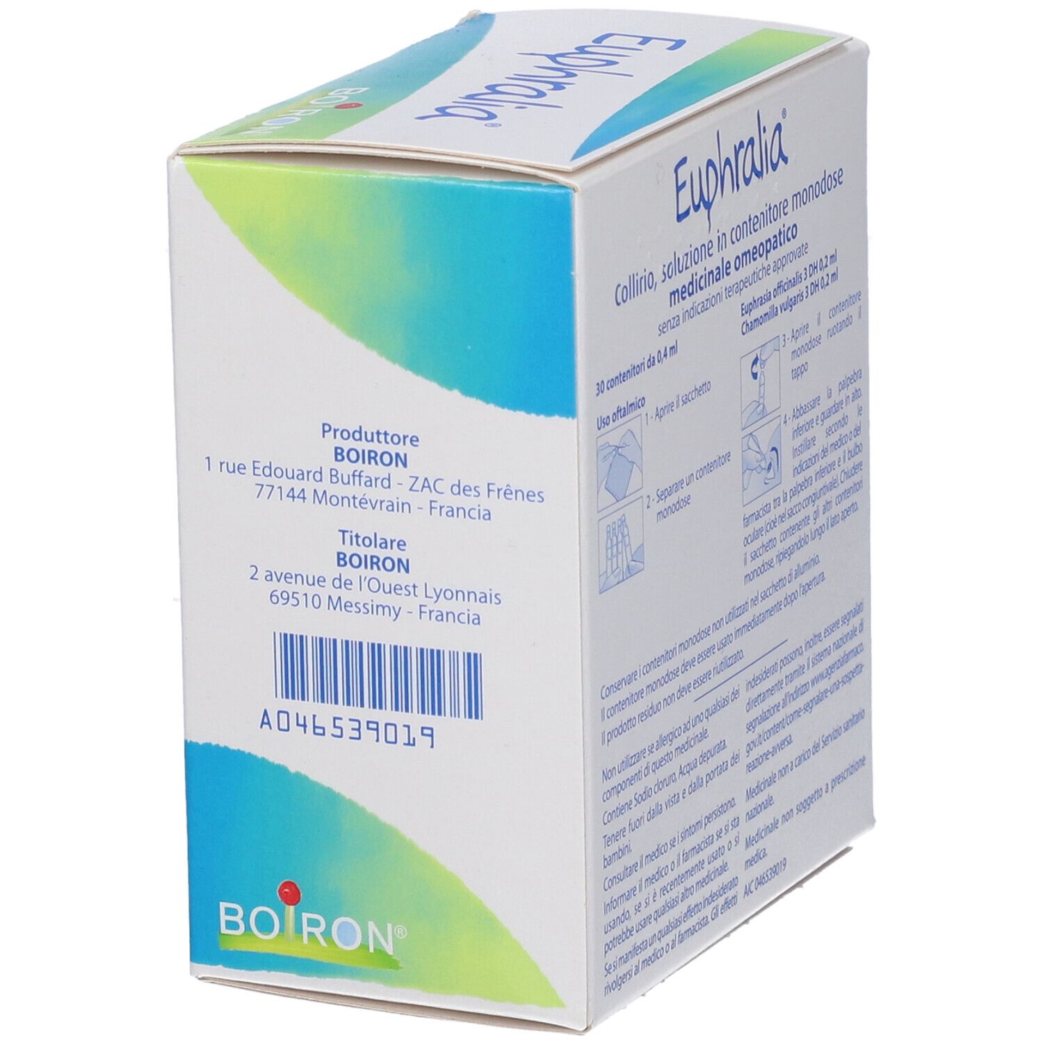 Lato della scatola BOIRON® Euphralia® Collirio. Testo e codice a barre. Marchio BOIRON.