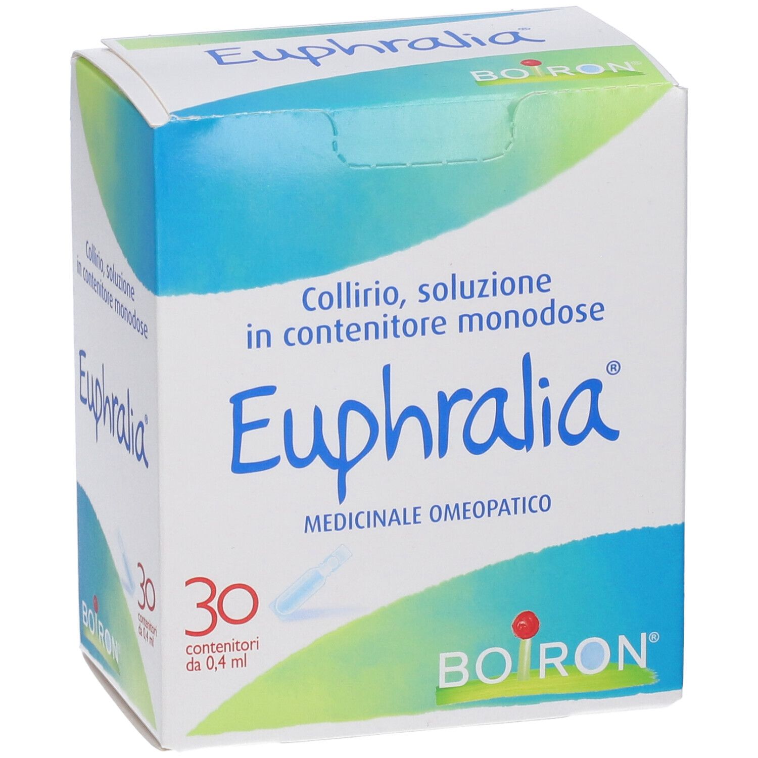 Scatola BOIRON® Euphralia® Collirio con 30 monodose. Bianco, blu e verde. Testo: Euphralia, BOIRON.