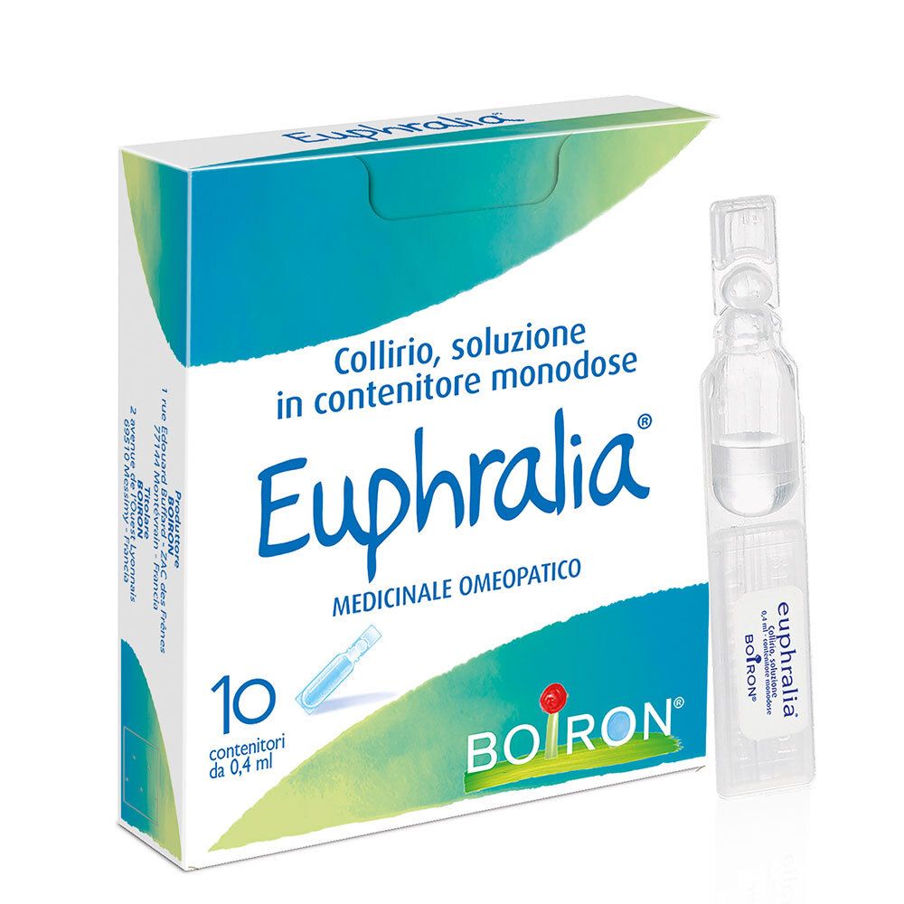 Scatola di 10 colliri monodose Euphralia, BOIRON. Una fiala è visibile accanto alla scatola.