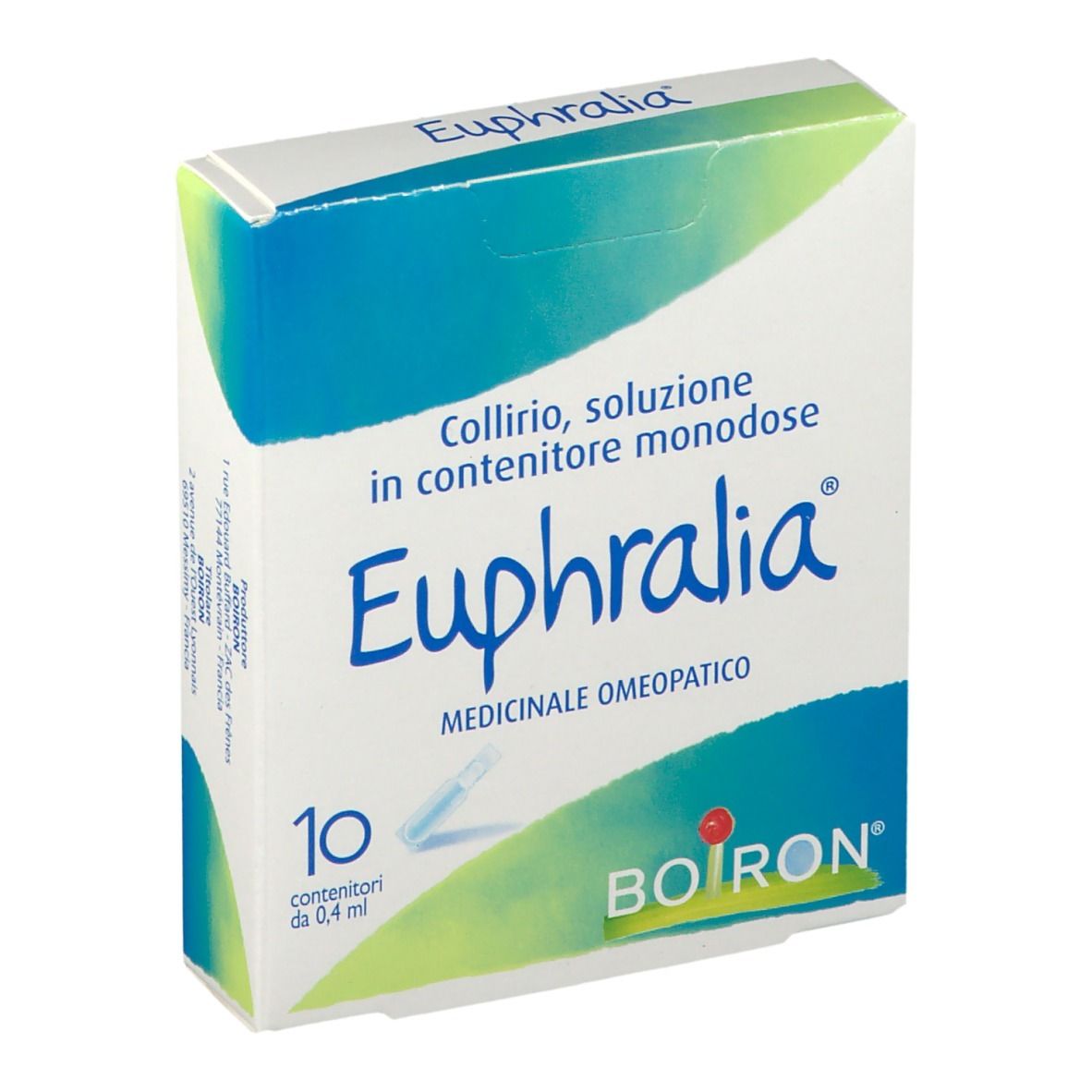 Scatola Euphralia, BOIRON. 10 colliri monodose. Colori blu e bianco.