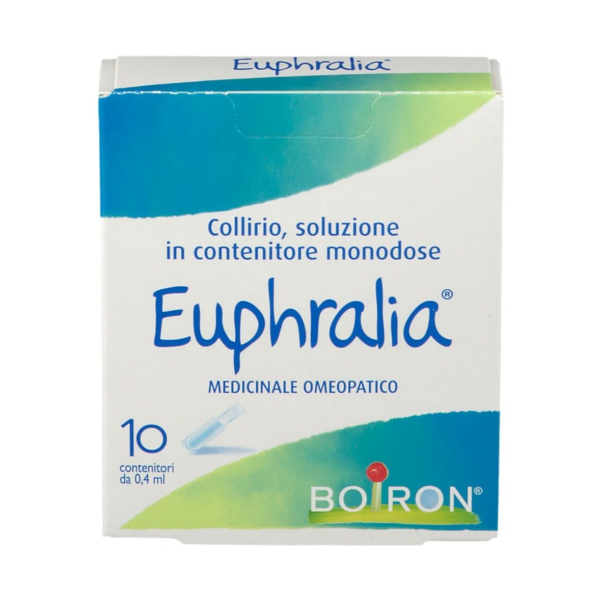Scatola Euphralia, BOIRON. 10 colliri monodose. Colori blu e bianco.