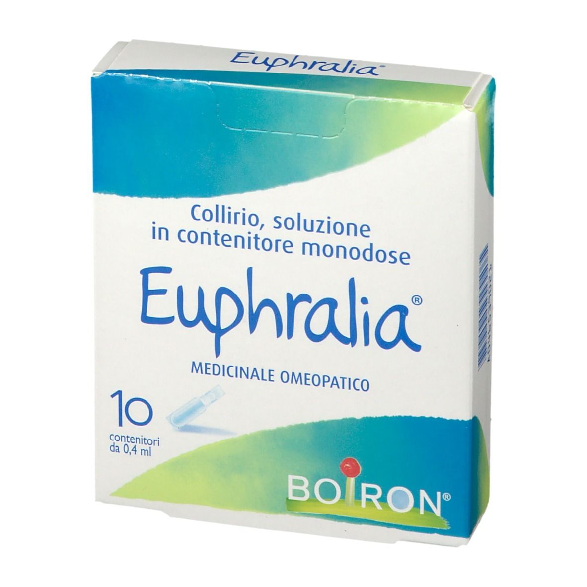 Scatola Euphralia, BOIRON. 10 colliri monodose. Colori blu e bianco.