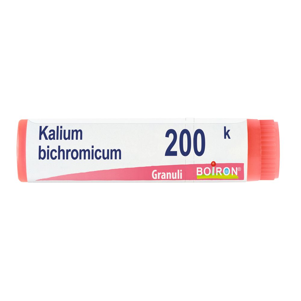 Confezione cilindrica con tappo rosso. Scritta: Kalium bichromicum, 200 K, Granuli, BOIRON.