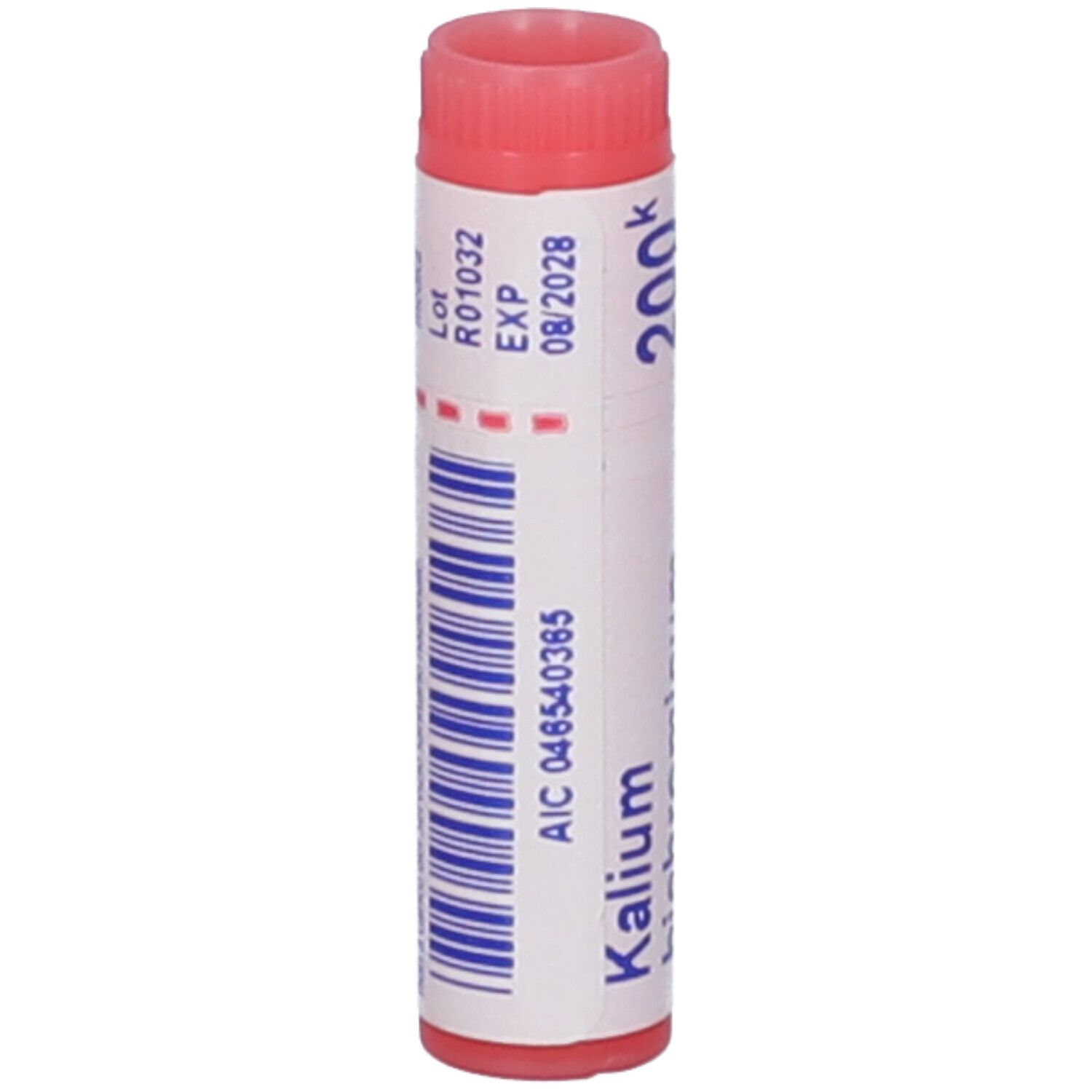 Confezione cilindrica con tappo rosso. Scritta: Kalium, 200 K, EXP 08/2028, Codice AIC.
