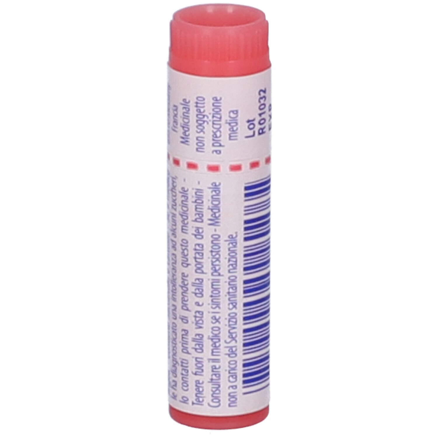 Confezione cilindrica con tappo rosso. Testo: Medicinale non soggetto a prescrizione. Codice lotto.