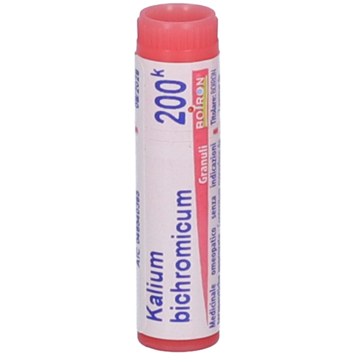 Confezione cilindrica con tappo rosso. Scritta: Kalium bichromicum, 200 K, BOIRON, Granuli.
