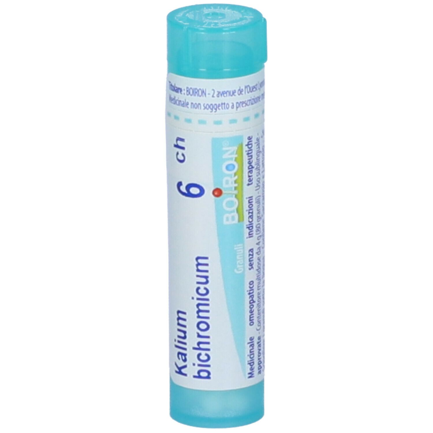 Confezione cilindrica blu. Scritta: Kalium bichromicum 6 ch, BOIRON. Contiene granuli. Tappo blu.