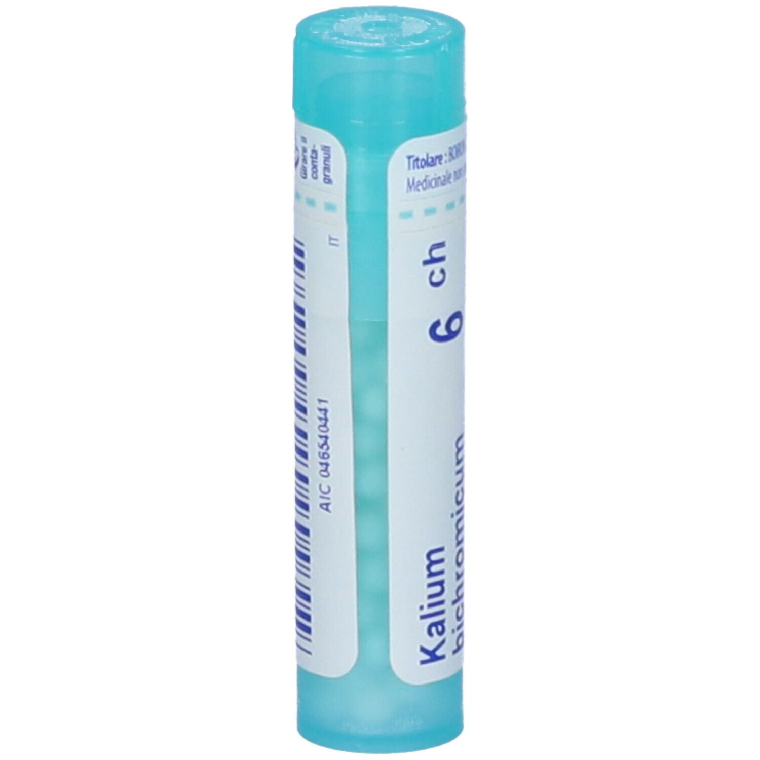 Confezione cilindrica blu. Scritta: Kalium bichromicum 6 ch. Contiene granuli. Codice a barre e info.
